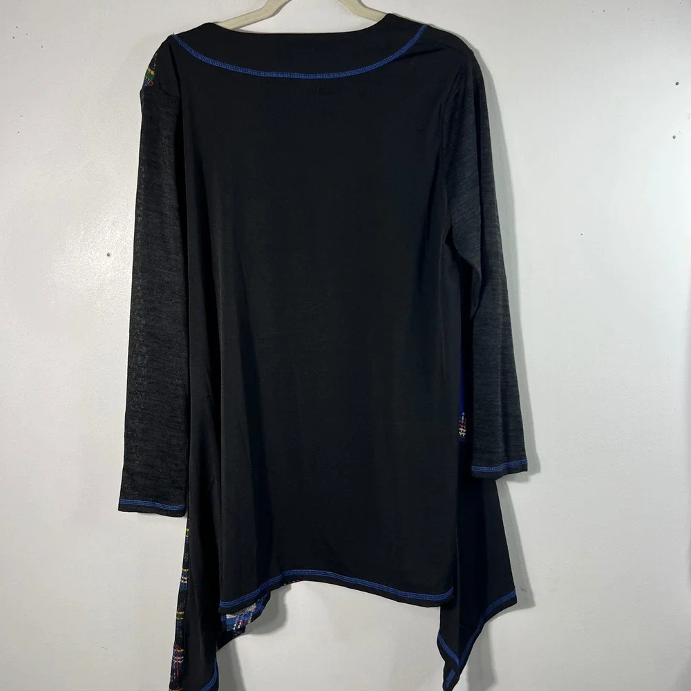 Womens Calessa V Neck Plaid Blue Colorblock Asymmetrical Tunic L Black Blue